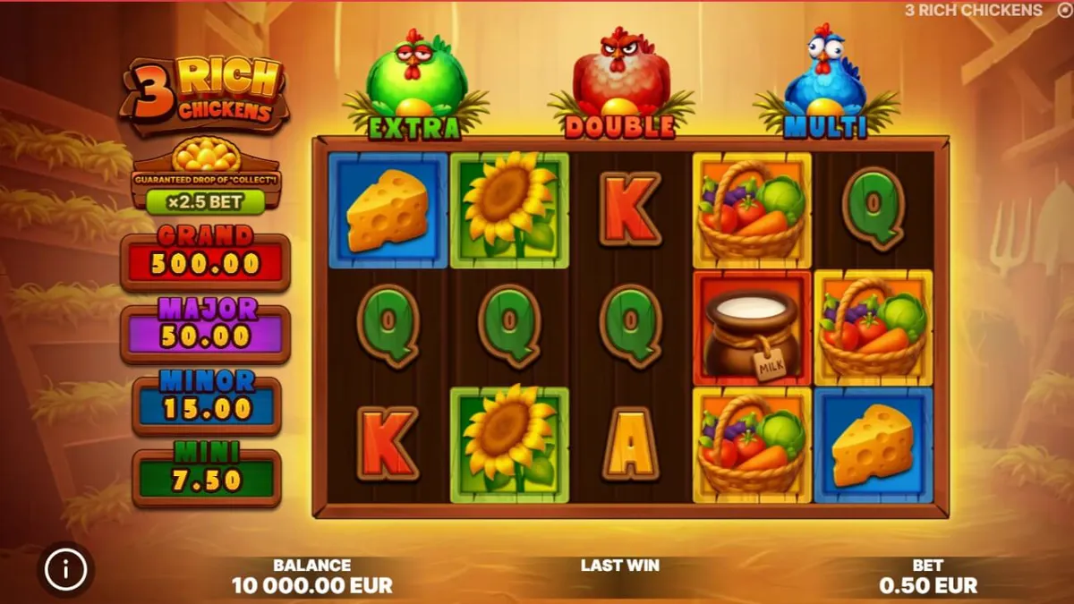Interface colorida e vibrante do slot 3 Rich Chickens em um dispositivo móvel