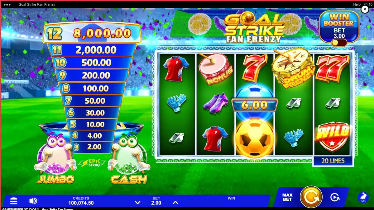 Tela de jogo do slot Goal Strike Fan Frenzy com tema de estádio de futebol